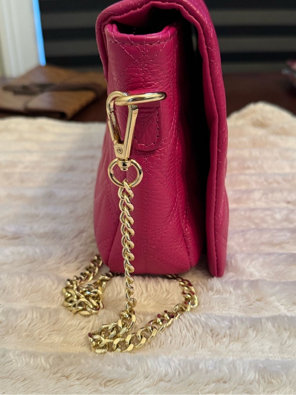 Anna Paola Genuine Italian Leather Quilted Crossbody Bag Pink Gold Chain - Picture 4 of 11